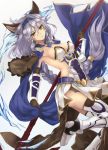  1girl animal_ears armor armored_boots ass belt bikini_armor boots cape elbow_gloves gloves granblue_fantasy highres impossible_clothes lavender_hair polearm riffey solo standing_on_one_leg vambraces weapon yellow_eyes 