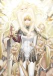  6+girls absurdres armor blonde_hair cape clare_(claymore) claymore claymore_(sword) covered_navel grey_eyes highres multiple_girls short_hair solo_focus stitches sword weapon yoneyu 