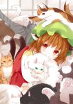  1girl animal_ears brown_hair cat cat_ears cat_tail chen earrings hat highres japa jewelry mob_cap multiple_tails single_earring smile solo tabard tail touhou 