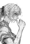  1girl biting from_side imizu_(nitro_unknown) mizuhashi_parsee monochrome pointy_ears sketch solo thumb_biting touhou 