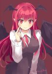  &gt;:) 1girl bat_wings between_breasts blush breasts collared_shirt colored_eyelashes commentary_request culter dress_shirt eyelashes hair_between_eyes head_wings index_finger_raised koakuma large_breasts long_hair long_sleeves looking_at_viewer necktie necktie_between_breasts pointy_ears red_background red_eyes red_necktie redhead shirt simple_background skirt skirt_set smile touhou twitter_username very_long_hair vest white_shirt wings 