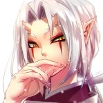  1girl face facepaint finger_to_mouth fingernails highres horns long_fingernails long_hair low_ponytail non_(nonzile) oni original pointy_ears ponytail silver_hair simple_background slit_pupils solo white_background yellow_eyes 