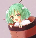  1girl :d blush bucket green_eyes green_hair hair_bobbles hair_ornament heart honotai in_bucket in_container japanese_clothes kimono kisume looking_at_viewer open_mouth short_hair smile solo tareme touhou two_side_up 
