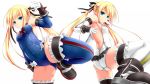  2girls ass bare_back bare_shoulders blonde_hair blue_eyes boots breasts covered_navel dead_or_alive dual_persona elbow_gloves fighting_stance gloves highres kicking leg_lift leotard long_hair marie_rose multiple_girls ribbon shouyan sideboob small_breasts smile standing_on_one_leg thigh-highs twintails very_long_hair 
