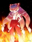  1girl aozora_market bow fire fujiwara_no_mokou hair_bow long_hair red_eyes solo suspenders torn_clothes torn_sleeves touhou white_hair 