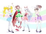  4girls animal_ears black_hair blake_belladonna blonde_hair blossom_(ppg)_(cosplay) blue_eyes bow brown_hair bubbles_(ppg)_(cosplay) buttercup_(ppg)_(cosplay) cat_ears earrings facial_scar gradient_hair grey_eyes hair_bow highres iesupa jewelry jumping multicolored_hair multiple_girls necklace pantyhose powerpuff_girls redhead ruby_rose rwby silver_hair skirt twintails violet_eyes weiss_schnee yang_xiao_long yellow_eyes 