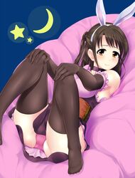  1girl animal_ears blush brown_eyes brown_hair elbow_gloves gloves highres idolmaster idolmaster_cinderella_girls long_hair one_side_up panties pantyshot rabbit_ears shimamura_uzuki smile solo tailfeather thigh-highs underwear 