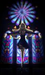  1girl blonde_hair breasts cleavage dress glowing glowing_eyes green_eyes highres lipstick long_hair makeup meitantei_conan mitar outstretched_arms solo stained_glass thigh_pouch vermouth_(meitantei_conan) 