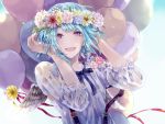  1girl :d angel_wings asymmetrical_bangs balloon bangs blue_eyes blue_hair blue_ribbon blush buckle ensemble_stars! eyebrows eyebrows_visible_through_hair feathered_wings flower_wreath grey_wings hands_in_hair hands_up head_wreath komkomx long_sleeves looking_at_viewer open_mouth plant ribbon shino_hajime shirt short_hair simple_background sleeves_past_elbows smile solo suspenders white_background white_shirt wings 