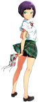  1girl aqua_eyes araki_rena arms_behind_back bike_shorts full_body holding loafers plaid plaid_skirt pleated_skirt purple_hair shoes short_hair short_sleeves simple_background skirt smile sneakers solo tokyo_7th_sisters white_background wind wind_lift 