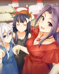  3girls akatsuki_(kantai_collection) black_hair blue_eyes dress formal glass hair_ribbon hibiki_(kantai_collection) highres jun&#039;you_(kantai_collection) kantai_collection long_hair magatama multiple_girls pallad purple_hair ribbon silver_hair smile violet_eyes 