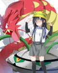  1girl alternate_color arm_warmers asashio_(kantai_collection) backpack bag black_hair black_legwear blue_eyes blush commentary_request crossover ferrothorn gyarados hat helmet highres kantai_collection long_hair looking_at_viewer mtu_(orewamuzituda) pleated_skirt pokemon pokemon_(creature) randoseru school_uniform serafuku shiny_pokemon shirt skirt smile solo suspenders thigh-highs 