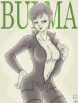  1girl breasts bulma character_name cleavage cowboy_shot dated dragon_ball dragon_ball_z earrings hand_on_ass jewelry karasuma_rauru large_breasts lipstick makeup monochrome nail_polish no_bra open_clothes sepia short_hair signature solo 