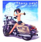  1girl 96neko_mtm antenna_hair armpits bikini_top black_hair boots breasts copyright_name glasses_on_head gloves highres idolmaster idolmaster_2 kikuchi_makoto looking_at_viewer motor_vehicle motorcycle short_hair shorts sky smile solo thank_you thumbs_up vehicle violet_eyes 