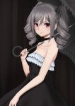  1girl artist_request bare_shoulders breasts cleavage drill_hair highres idolmaster idolmaster_cinderella_girls kanzaki_ranko parasol red_eyes silver_hair smile solo twin_drills twintails umbrella 