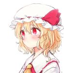  1girl ascot blonde_hair blush bow dress_shirt flandre_scarlet frilled_shirt_collar frown hat hat_bow hat_ribbon honotai looking_afar mob_cap red_eyes ribbon sad shirt short_hair shy solo touhou upper_body vest wavy_hair 