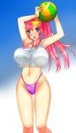  1girl alternate_costume armpits arms_up ball beachball bikini blue_eyes blush breasts covered_nipples gloves gundam gundam_seed gundam_seed_destiny hair_ornament highleg highleg_bikini highleg_swimsuit hips large_breasts long_hair looking_at_viewer meer_campbell navel open_mouth pink_hair side_ponytail smile solo star star_hair_ornament swimsuit tooru_jin 