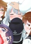  4girls :t akatsuki_(kantai_collection) anchor_symbol blush brown_eyes brown_hair closed_eyes commentary_request hair_ornament hairclip hand_on_another&#039;s_head hat hat_removed headwear_removed hibiki_(kantai_collection) holding holding_hat ikazuchi_(kantai_collection) inazuma_(kantai_collection) kantai_collection long_hair multiple_girls no_hat open_mouth pout purple_hair school_uniform serafuku silver_hair tears tonari_no_kai_keruberosu violet_eyes wavy_mouth 