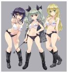  3girls ;d adapted_costume anchovy bikini black_hair blonde_hair boots braid breasts brown_eyes carpaccio cleavage collarbone drill_hair full_body girls_und_panzer goggles goggles_around_neck green_eyes green_hair grey_background grin hair_over_breasts hand_on_hip hand_on_own_chest hand_on_own_thigh highres italian_flag jacket_on_shoulders knee_boots large_breasts leaning_forward long_hair multiple_girls nagayori navel one_eye_closed open_mouth pepperoni_(girls_und_panzer) riding_crop short_hair side-tie_bikini side_braid simple_background smile swimsuit twin_drills twintails yellow_eyes 