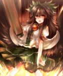  1girl :d arm_cannon bird_wings black_hair black_wings blush bow cape cowboy_shot explosion green_skirt hair_bow long_hair looking_at_viewer maho_moco open_mouth puffy_short_sleeves puffy_sleeves red_eyes reiuji_utsuho shirt short_sleeves sidelocks skirt smile solo third_eye touhou weapon white_shirt wings 