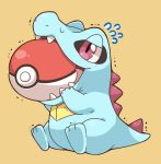 2027_(submarine2027) biting fangs flying_sweatdrops lowres no_humans open_mouth poke_ball pokemon pokemon_(creature) red_eyes simple_background sitting tail teeth totodile 