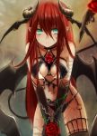  1girl aqua_eyes bandages bare_shoulders black_legwear black_panties blush bound bound_arms chain demon_girl demon_horns demon_tail demon_wings earrings flower head_wings horns jewelry leaning_forward long_hair looking_at_viewer maho_moco navel original panties plant pointy_ears red_rose redhead revealing_clothes rose scar sidelocks solo tail thigh-highs underwear very_long_hair vines wings 