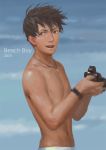  1boy blurry bracelet brown_eyes brown_hair camera depth_of_field english jewelry male_focus navel necklace open_mouth original outdoors penguin_frontier shirtless short_hair solo upper_body water 