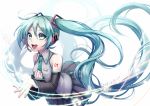  1girl 2016 aqua_eyes aqua_hair dated detached_sleeves floating_hair hand_on_own_chest hatsune_miku headset long_hair musical_note necktie open_mouth skirt solo twintails very_long_hair vocaloid white_background 