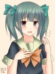  1girl alternate_hairstyle blouse blush bow brown_eyes character_name dated grey_hair hair_ribbon hanazome_dotera kantai_collection looking_at_viewer neckerchief open_mouth ribbon school_uniform serafuku short_sleeves solo twintails twitter_username wavy_mouth yuubari_(kantai_collection) 