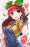  1girl :d bangs blunt_bangs blush breasts brown_gloves collared_shirt colored_eyelashes denim eyebrows eyebrows_visible_through_hair freckles gloves green_eyes green_ribbon hair_ribbon large_breasts long_hair looking_at_viewer naso4 open_mouth overalls penny_(stardew_valley) petals redhead ribbon round_teeth shirt short_sleeves simple_background smile solo star stardew_valley tareme teeth thick_eyebrows upper_body v white_background yellow_shirt 
