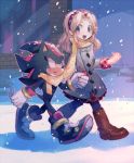  aoki_(fumomo) blonde_hair boots coat hairband holding_hands maria_robotnik pantyhose scarf shadow_the_hedgehog shared_scarf smile sonic_the_hedgehog walking winter_clothes 