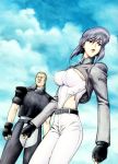  batou breasts cyborg fingerless_gloves ghost_in_the_shell ghost_in_the_shell_stand_alone_complex gloves highres jacket kusanagi_motoko large_breasts purple_hair red_eyes shimomura_makoto short_hair 