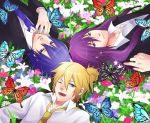  aqua_eyes bad_id blonde_hair blue_eyes blue_hair butterfly flower formal fujiwara kagamine_len kaito kamui_gakupo long_hair lying male multiple_boys necktie on_back purple_eyes purple_hair short_hair smile suit violet_eyes vocaloid wink 