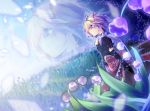  blue_eyes elbow_gloves flower flower_field gloves glowing hair_ribbon lily_of_the_valley medicine_melancholy mito_(calcomer) profile ribbon short_hair solo sunlight touhou zoom_layer 