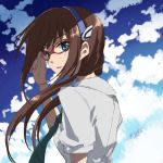  1girl adjusting_glasses blue_eyes brown_hair cloud clouds evangelion:_2.0_you_can_(not)_advance glasses hairband hamayumiba_sou long_hair lowres makinami_mari_illustrious necktie neon_genesis_evangelion rebuild_of_evangelion sky solo wind 