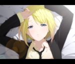  arms_up blonde_hair blue_eyes formal gradient_hair kagamine_rin letterboxed lying multicolored_hair necktie on_back short_hair solo suit tears vocaloid 
