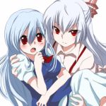  bad_hands blue_hair blush carrying fujiwara_no_mokou hair_ribbon kamishirasawa_keine long_hair marimo_danshaku multiple_girls no_hat no_headwear princess_carry red_eyes ribbon silver_hair suspenders tareme touhou tsurime 