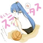  1girl basketball blue_hair buruma gym_uniform hinanawi_tenshi long_hair mono_(recall) squat squatting touhou 