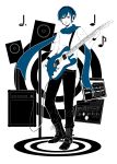  black_eyes blue_hair boots guitar headphones headset highres ichimura_satsuki instrument kaito male monochrome musical_note saihate_(vocaloid) scarf short_hair solo speaker vocaloid 