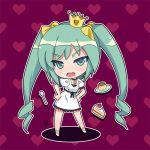  attitude cake chibi crown disapproving_stare food green_eyes green_hair hands_on_hips hatsune_miku kaizeru long_hair lowres pastry pudding solo spoon twintails vocaloid world_is_mine_(vocaloid) 