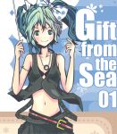  bare_shoulders blush casual collarbone green_eyes green_hair hair_ornament hair_ribbon hatsune_miku jewelry midriff navel necklace ribbon twintails vinzerd vocaloid 