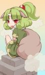  child emdo_(norabbit) eyebrows fang green_hair horn horns ikoma looking_back norabbit oni open_mouth original ponytail red_eyes sitting solo tail 