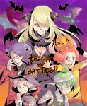  2girls 3boys blonde_hair blood breasts cleavage cleavage_cutout costume crobat cubexcube frankenstein frankenstein&#039;s_monster glasses goyou_(pokemon) hair_ornament hair_over_one_eye halloween hat jack-o&#039;-lantern jack-o-lantern kikuno_(pokemon) long_hair moon multiple_boys multiple_girls mummy ooba_(pokemon) pokemon pokemon_(creature) pokemon_(game) pokemon_dppt pumpkin ryou_(pokemon) shirona_(pokemon) smile vampire very_long_hair wand witch witch_hat zubat 