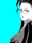  1girl aqua_background artist_request black_hair glasses grayscale grimgrimoire long_hair oplaneria parted_lips simple_background solo source_request 