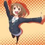  brown_hair foreshortening from_above hair_ornament hairclip highres hirasawa_yui ichijou_tatami k-on! outstretched_arms pantyhose school_uniform short_hair solo spread_arms tatami_itizyou 