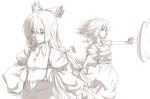  braid fujiwara_no_mokou hair_ribbon hiroya hiroya_juuren kirisame_marisa long_hair master_spark mini-hakkero monochrome no_hat no_headwear ribbon short_hair smile suspenders touhou 