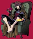  bantrain barefoot body_hair brown_hair chair coat eating feet fingerless_gloves food gambit gloves hairy_legs jpeg_artifacts male marvel red_eyes simple_background solo stubble togatsuko trenchcoat x-men 