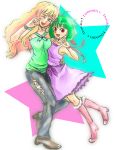  arm_around_waist bare_shoulders blonde_hair blue_eyes boots get green_hair hits hug jeans macross macross_frontier ranka_lee red_eyes ribbon ririclub seikan_hikou sheryl_nome star wink 