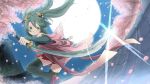  1girl alternate_costume cherry_blossoms full_moon green_eyes green_hair hatsune_miku huyuzora japanese_clothes katana long_hair moon ninja petals rooftop sword thigh-highs vocaloid weapon 