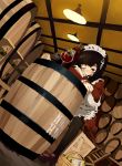  barrel blush bottle brown_eyes brown_hair cheese cup drunk frills highres kacchuu maid maid_headdress mouse pantyhose ribbon sitting wine wine_glass wink 